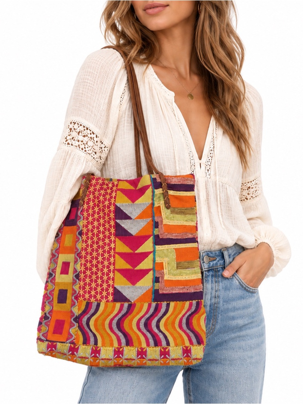 Lucky Brand Vintage Y2K Metallic Embroidered Patchwork Boho Tote